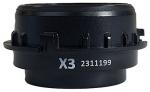 Preview: The image shows a black object with a round shape, which could be part of a camera or lens system. It has a smooth surface and numerations on the side.