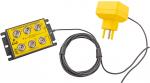 Preview: Das Bild zeigt einen gelben elektrischen Stecker, der an ein schwarzes Anschlussfeld mit sechs Buchsen angeschlossen ist. Das Anschlussfeld ist mit sicherheitsrelevanten Hinweisen versehen.