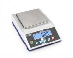 Preview: The image shows a digital scale with a flat, rectangular stainless steel plate on top. Below there is a display with blue backlighting and buttons in various colors.
