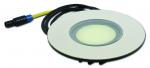 Preview: Das Bild zeigt eine runde LED-Einbauleuchte mit einem weißen Rahmen und einer zentralen, glatten Lichtfläche. Ein Kabel mit einem Stecker ist angebracht. Die Leuchte wirkt modern und schmal.