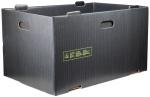 Preview: It is a rectangular box made of black cardboard. It has two side handle holes for easy handling and a yellow inscription on one side. The box is sturdy and open.
