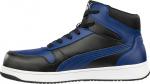 Preview: The shoe is a mid-top sneaker in black and blue. It has a smooth surface, a white sole, and laces. The design is sporty and dynamic.