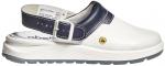 Preview: The image shows a white clog with a dark blue strap and a buckle. The sole is thick and provides good grip. A small yellow logo is also visible.