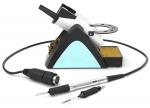 Preview: The image shows a soldering iron with a stand. The stand has a blue area and contains sponge material. Next to the soldering iron are two soldering iron tips and a cable.