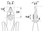 Preview: The image displays a technical drawing of a pair of pliers. The two views (front and side) show dimensions and proportions. Key measurements are 13.5 mm, 10 mm, and 27 mm.