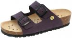 Preview: The image shows a purple sandal with two adjustable straps and buckles. The sole is made of brown cork and has small ventilation holes. The underside is black and textured.