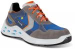 Preview: The shoe is a sporty sneaker in gray, blue, and orange. It has a padded sole with a round shape and small holes for ventilation. The shoelaces are orange.