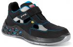 Preview: The shoe is black with blue and gray details. It has a wide Velcro strap, breathable inserts, and a textured sole with small holes for good grip.
