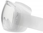 Preview: The image shows a transparent swimming goggle with a wide, white headband. The lenses are clear, and the shape is oval, ideal for protecting the eyes in the water.