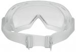 Preview: The image shows a white safety goggle with a wide, flexible strap that has two adjustment buckles. It features a curved, transparent lens and is suitable for various activities.