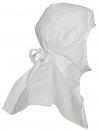 Preview: The image shows a white cap made of lightweight fabric. It has a round shape, a closed top, and tie-like elements that hang down at the sides.