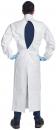 Preview: A person is standing from behind, wearing a white coat with an open back area. The sleeves are long, the hands are clad in blue gloves. The shoes are dark.