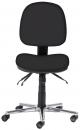 Preview: The image shows a simple black office chair with a round seat and a high backrest. It has five casters and a chrome base that provides stability.