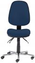 Preview: The office chair has a dark blue upholstery with a high backrest. It stands on a sturdy rolling base with five wheels and features an adjustable seat height.