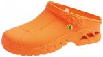 Preview: It is a brightly orange-colored clog. The shoe has a closed toe area, an open heel, and an adjustable strap. The sole is textured for better grip.