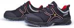 Preview: The image shows a pair of black safety shoes. They have a sturdy, padded sole, red accents, and a sporty lacing. The shoes are designed to be modern and functional.