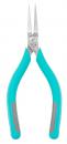 Preview: The image shows a pair of pliers with long, narrow tips. The handles are turquoise with gray rubber elements for better grip. The material is metallic and shiny.