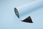 Preview: The image shows a roll of blue paper that is partially unrolled. The top side is light blue, the underside is a darker shade. The background is also light blue.