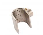 Preview: This is a curved, bright metal object with many small holes. There is a small connection on top. It could be a tea strainer or another kitchen utensil.