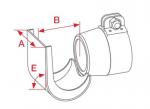 Preview: Das Bild zeigt eine technische Zeichnung eines Bauteils mit einem U-förmigen Halter. Es sind Maße (A, B, E) eingezeichnet, die verschiedene Abstände und Durchmesser angeben. Die Konstruktion ist stabil und kombiniert eine runde und eine flache Form.