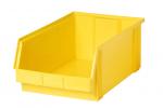 Preview: The image displays an empty, rectangular plastic crate in bright yellow. The crate has an open front, allowing easy access to the contents. It has a sturdy shape.