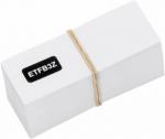 Preview: The image shows a stack-like block of white cards held together with a rubber band. The top card has the black inscription 