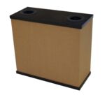 Preview: The image shows a rectangular waste bin made of brown material. It has a black lid with two round openings. The bin stands stable on a flat base.