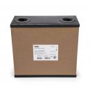 Preview: It shows a square, brown cardboard box with a black lid. On top are two round openings, and on the side there is a label with text and numbers.