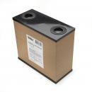 Preview: The image shows a rectangular, brown cardboard box with a black top. There are two round openings on top and a sticker with information on the side.