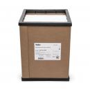 Preview: The image shows a square cardboard box with brown cardboard and a white lid. The box has black edges and a label with the inscription 