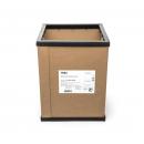 Preview: The image shows a square, brown cardboard container with a black edge on top. On the front, there is a label with information and a logo.