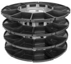 Preview: The image shows a stackable container with multiple, flat compartments. It has a round shape and is made of black material, ideal for storing or organizing items.