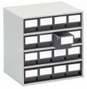 Preview: The image shows a compact storage cabinet with several small drawers. The drawers are gray, the casing is white. One drawer is pulled out.