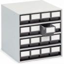 Preview: The image shows a square storage box with multiple drawers. It has a total of five rows of small drawers that serve as compartments. One drawer is open.