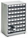 Preview: The image shows a compact shelving unit with several small drawers. The drawers are in two shades, gray and black, and have white labels for markings. One drawer is partially open.