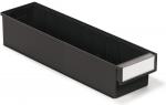 Preview: The image shows a long, narrow container made of black plastic with an open top and a smooth, white label area on the front. It has interior compartments for division.