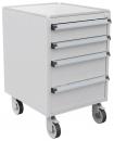 Preview: Der Behälter ist ein kleiner, weißer Rollcontainer mit vier Schubladen. Er hat eine glatte Oberfläche und steht auf vier rotierenden Rollen, die seine Mobilität erleichtern.