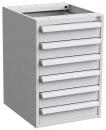 Preview: Der Schrank ist grau und rechteckig mit sieben horizontalen, flachen Schubladenfronten. Er hat eine offene Oberseite und eine klare, schlichte Form, ideal für die Aufbewahrung.