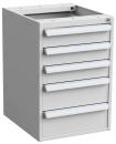 Preview: Das Bild zeigt einen grauen Schrank mit sechs Schubladen. Er hat eine quadratische Form und eine offene Oberseite. Die Schubladen sind horizontal angeordnet und haben griffige, schmale Griffe.