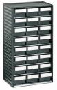 Preview: The image shows a rectangular storage cabinet made of dark plastic with several small drawers arranged horizontally. Each drawer has a transparent front.
