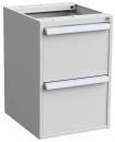 Preview: Das Bild zeigt einen schlichten, weißen Aktenschrank mit zwei Schubladen. Die Schubladen sind mit silbernen Griffen ausgestattet und der Schrank hat eine offene Oberseite.