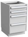 Preview: Das Bild zeigt einen schlichten, weißen Schrank mit vier Schubladen. Er hat eine offene Oberseite und wird oft in Büros oder Werkstätten verwendet. Die Schubladen haben Metallgriffe.