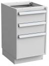 Preview: Das Bild zeigt einen weißen Schrank mit drei Schubladen und einer Tür. Er hat eine glatte Oberfläche und metallene Griffe. Der Schrank ist robust und steht auf einem stabilen Sockel.