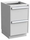 Preview: Es handelt sich um einen schlichten, grauen Möbelschrank mit zwei Schubladen. Die Schubladen haben schlichte, gerade Metall-Handles und stehen auf einem stabilen Sockel.