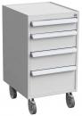 Preview: Der bildliche Gegenstand ist ein grauer Rollcontainer mit vier Schubladen. Er hat abgerundete Kanten und vier Rollen am Boden, was ihn beweglich macht. Ideal für Büromaterial.