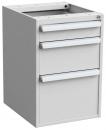 Preview: Das Bild zeigt einen weißen Schreibtischcontainer mit vier Fächern. Drei Schubladen sind oberhalb angeordnet, während eine große Schublade unten ist. Die Griffe sind flach und aus Metall.