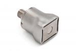 Preview: The image shows a metallic component with a square shape. It has a smooth, shiny surface and a threaded connection on one side. The other side is flat and features a small, round indentation.