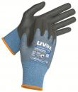 Preview: Das Bild zeigt ein Paar Arbeitshandschuhe in Größe M. Die Handschuhe haben eine graue, rutschfeste Oberfläche und einen blauen Stoffbund. Auf der Handinnenfläche und den Fingern sind sie schwarz.