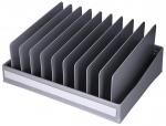 Preview: The image shows a gray document holder with multiple compartments. It is rectangular and has a wide base that keeps the upright dividers stable.