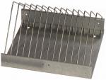 Preview: The image shows a simple metal paper tray. It has a slanted shape with several vertical bars that serve as compartments. The surface is smooth and flat.